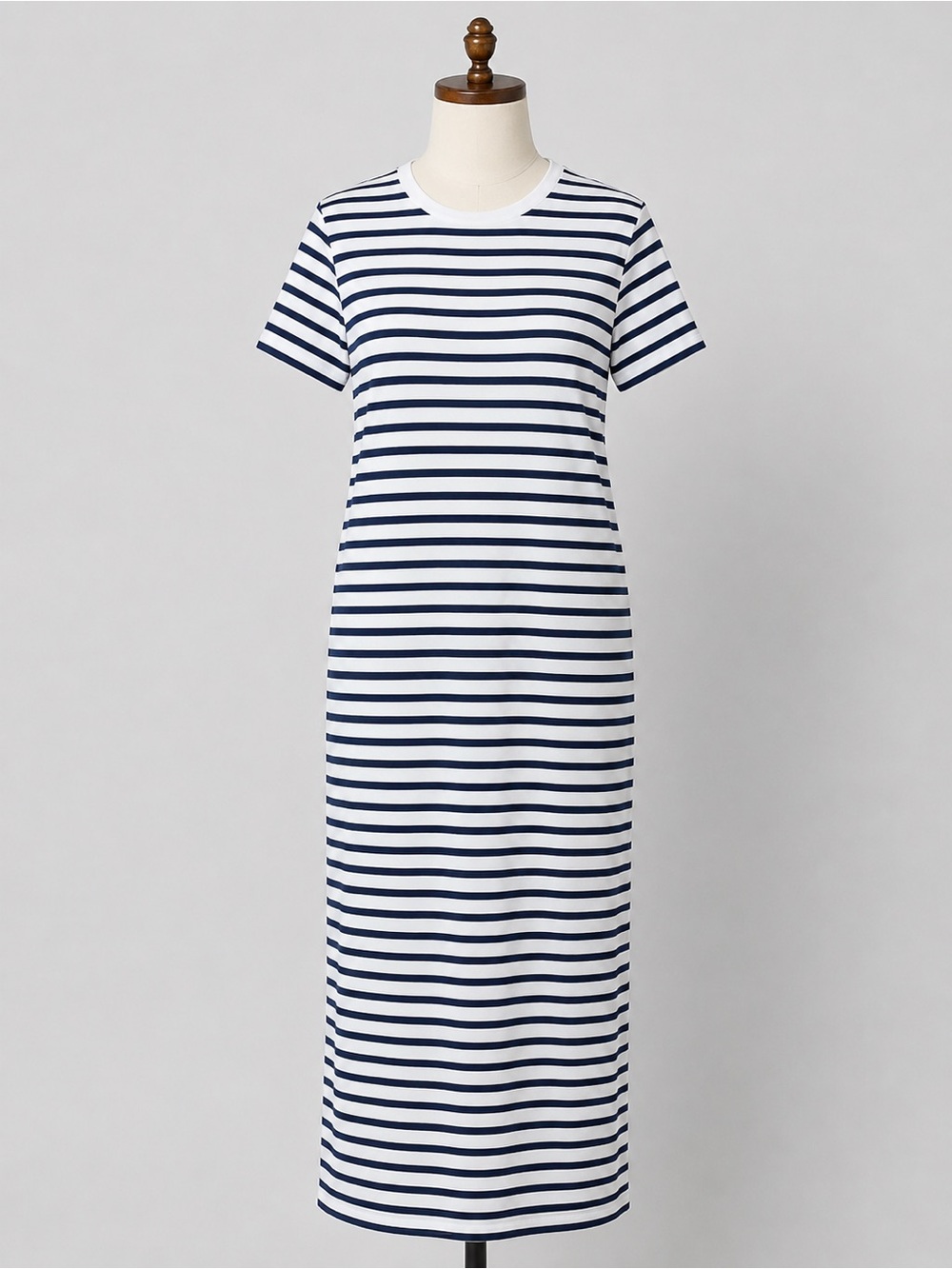 Sold Out NYC Navy White Striped T-Shirt Maxi  Dress Crew Neck Stretch Casual